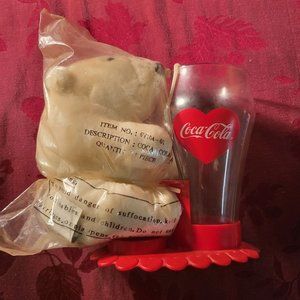 Vintage Valentines Day Coca Cola Red Heart Glass Cup With Polar Bear Plush